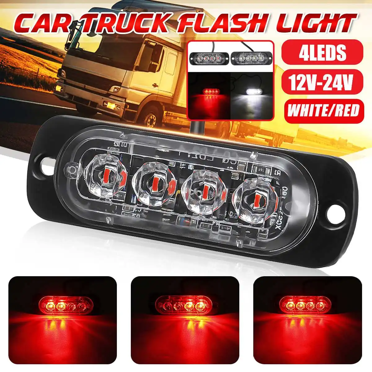 

12/24V Car Truck 4 LED Strobe Warning Light Flashing Light Bar Beacon Lamp White Red Signal Lamps Waterproof
