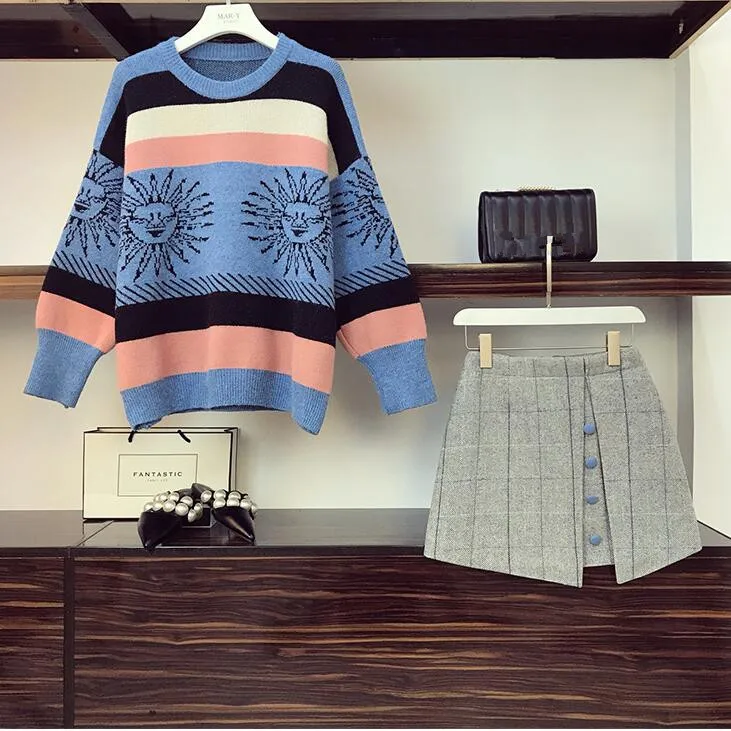 Осенне-зимний теплый комплект с свитером, Женский комплект из 2 предметов, Ретро стиль, свободный свитер в полоску+ клетчатая юбка, комплект из двух предметов, OL, мини-юбки