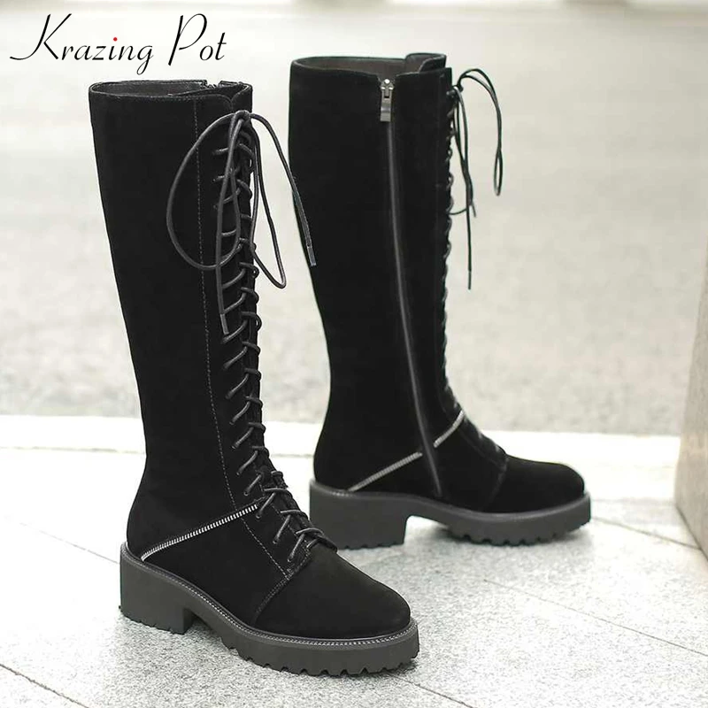 

krazing pot cow suede full grain leather round toe zipper fasteners thick high heels cross-tied keep warm thigh high boots L16