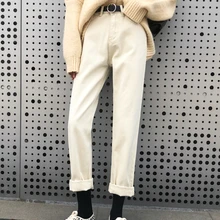 Белые прямые джинсы канистры женские сезона плюс плюш высокая тонкая талия легко широкие ноги брюки папы размера плюс толстые теплые