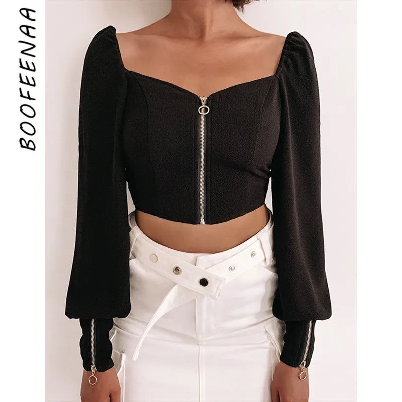 BOOFEENAA Long Sleeve Zipper Cardigan Blouse Women Clothes Fall 2019 Vintage Sexy Black Shirts Ladies Elegant Tops C76-AC22