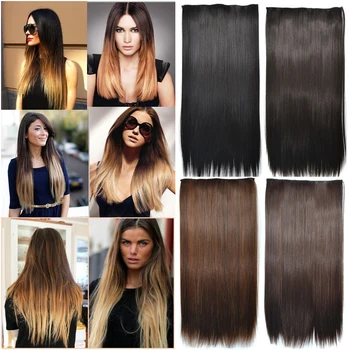

22" Synthetic 5 Clip In Human Hair Extensions Long Straight Hair Ombre Hairpiece