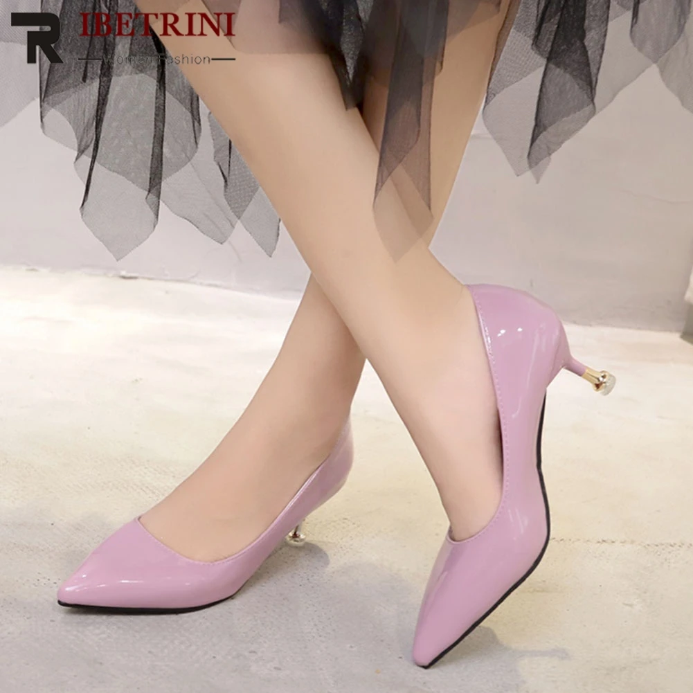 

RIBETRINI Sexy Thin Heel Ladies Pumps Pointed Toe Consise PU Strange Style Heel Slip On Pumps Women Spring Dress Shoes Woman
