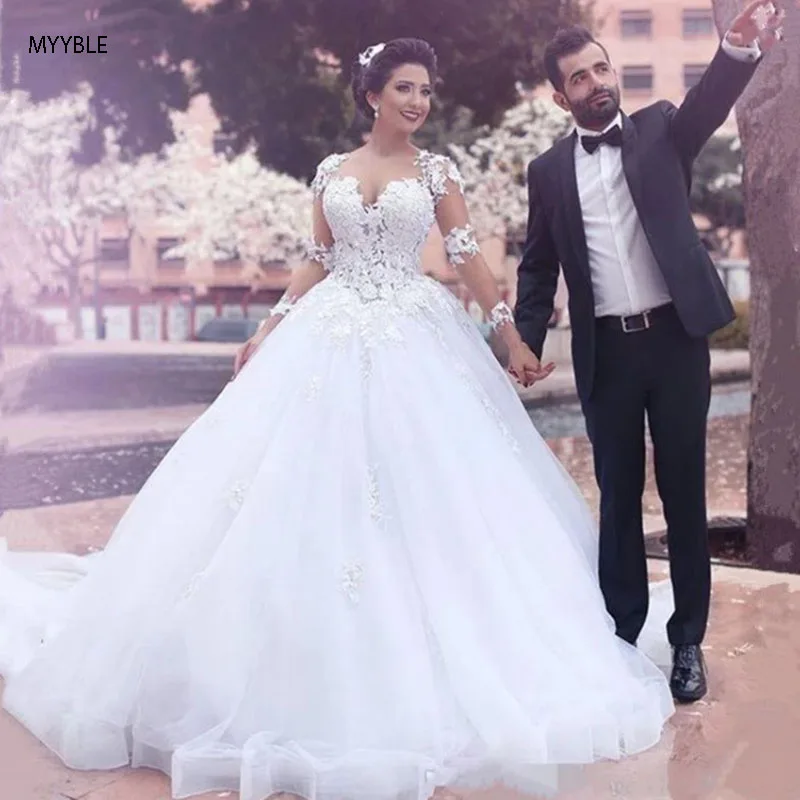 

MYYBLE 2021 Vestido de novia de manga larga con apliques de encaje largo hasta el suelo vestido de novia de tren de corte vestid