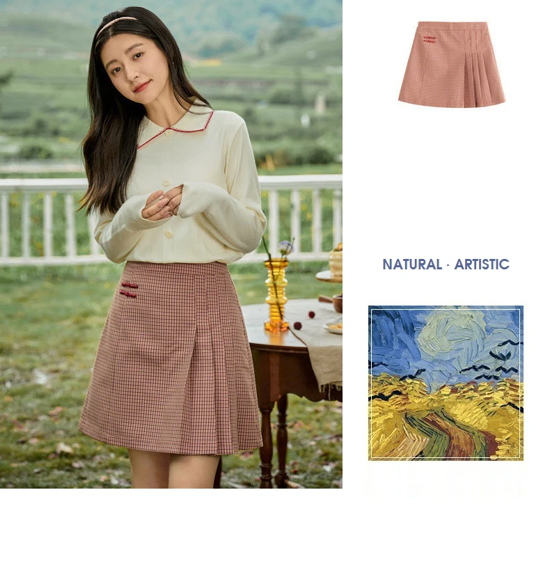 INMAN 2020 Autumn New Arrival Retro Style Vintage Check Button Asymmetrical Pleated Skirt