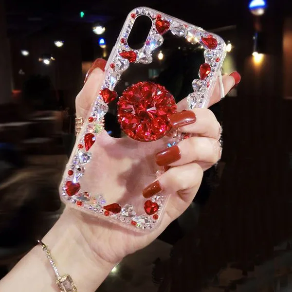 Блестящий Алмазный 3D Держатель подставка Прозрачный чехол для iPhone X XR XS MAX 7 8 6S plus для samsung S8 S9 S10 E чехол для Note