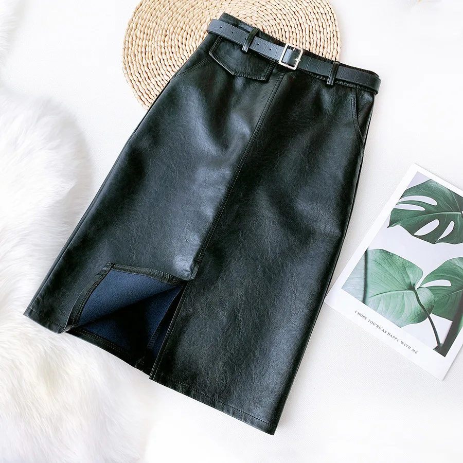 Autumn Black Faux Leather Midi Pencil Skirts with Belt Front Split Retro Slim Temperament Knee Length OL PU Leather Skirts
