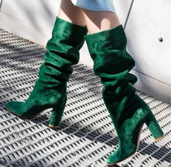 Ronde Neus Suède Groene Blauwe Geplooide Knie Hoge Chunky Hak Laarzen Vrouw  Mode Slip On Lange Dikke Hoge hak Lange Laarzen|Knie hoogte Laarzen| -  AliExpress