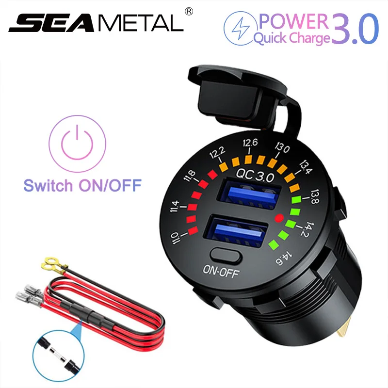 

Cigarette Lighter Car Charger with LED Streamlight Voltmeter Dual QC3.0 USB 12-24V Waterproof 2 Ports Power Socket ON/OFF Switch