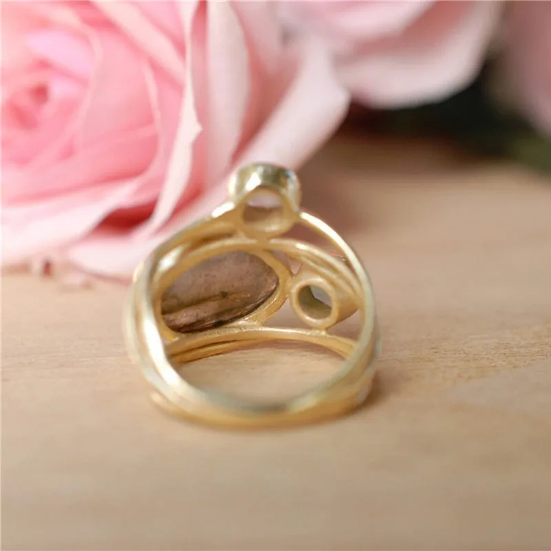 Multi-layers Cross Moonstone Rings for Women Boho Gold Color Round Opal Resin Simulated Shell Rings Jew