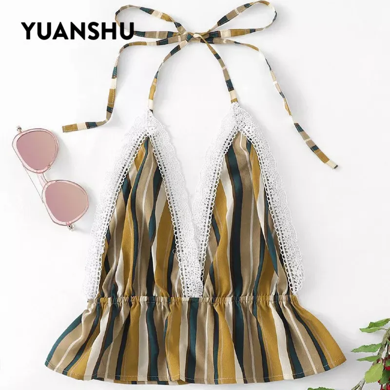 

YUANSHU Summer Sexy Beach Tanks & Camis Women V Neck Backless Striped Lace up Halterneck Tops Sexy Holiday Slim Crop Tops