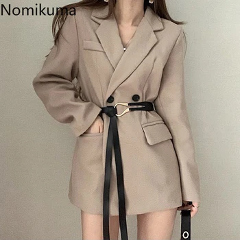 

Nomikuma Autumn Women Faux Woolen Suit Coat 2020 New Korean Double Breasted Blazer Coat Belt Slim Waist Elegant Blazers 6C769