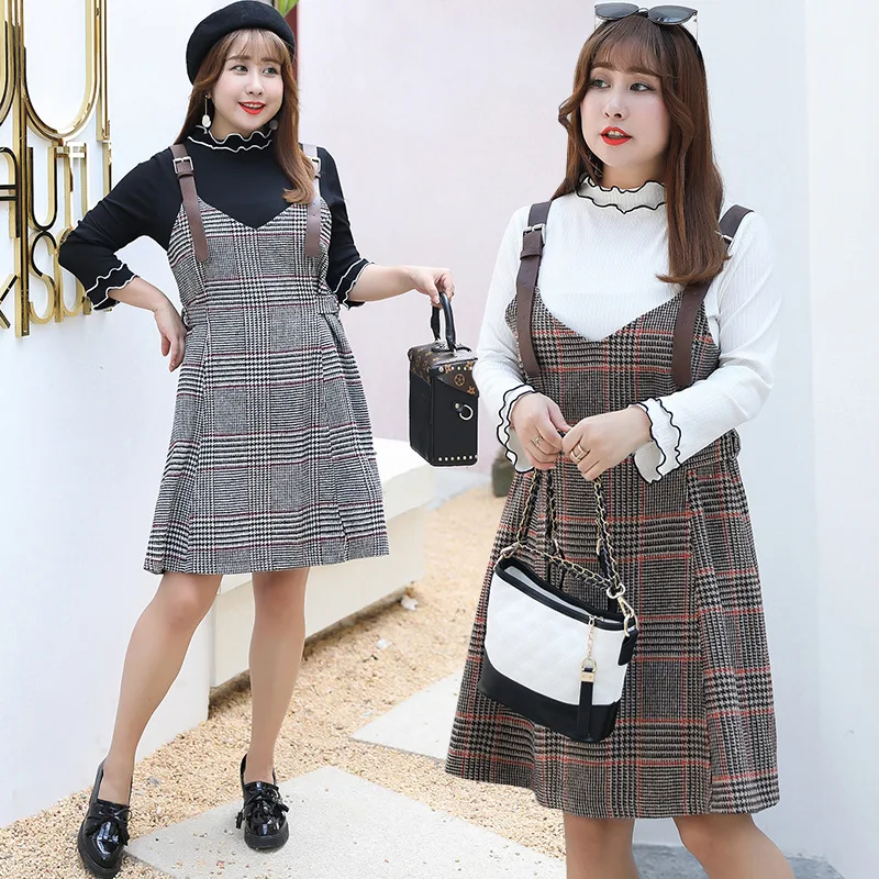 

Spring And Autumn New Products Plus-sized Extra Large WOMEN'S Dress Large GIRL'S Graceful Set Plaid Suspender Skirt on Behalf of