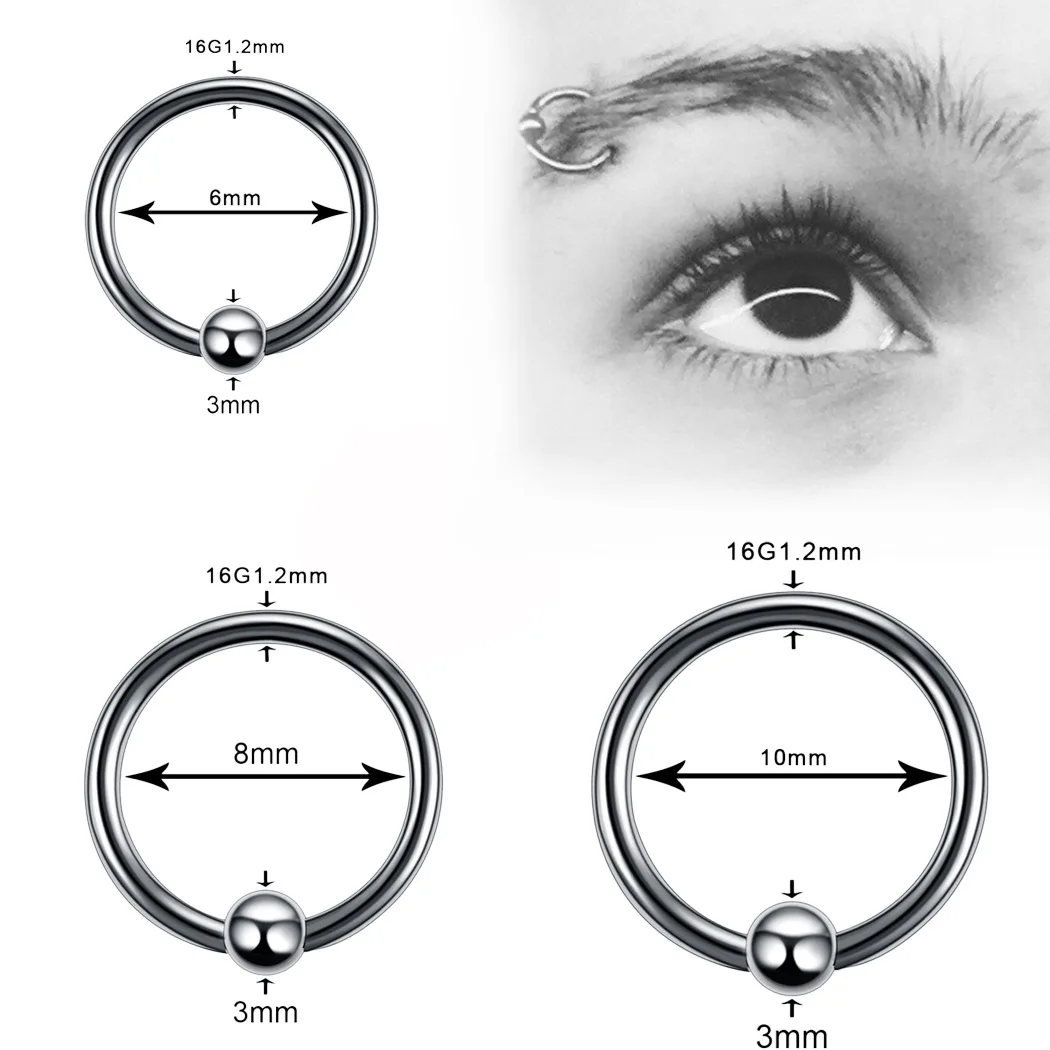 

2PCS BCR Eyebrow Jewelry 1.2*6/8/10+3mm Rose Gold Bone Nails Punk Nose Lip Ring for women men Body Piercing Jewelry Goth Gift