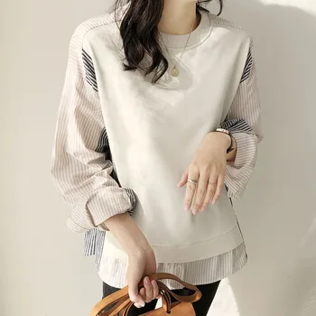 

Women T-Shirt Long Sleeve for Spring Autumn 2020 Korean Fashion Patchwork Chic Pullover Female Tops Causal Ladies Shirts