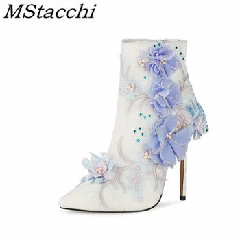 

Mstacchi Flowers Lace Sexy Pointed Stiletto Women Boots 2020 New Fashion Design Side Zipper Sweet Ladies Shoes Botas Para Mujer
