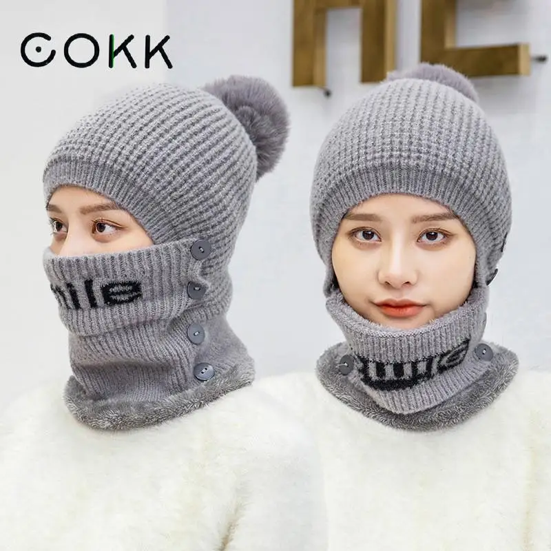 

COKK Hats For Women Winter Beanie Knitted Plush Velvet With Collar Neck Warm Bonnet Windproof Cap Chapeau Femme 2020 New Snow