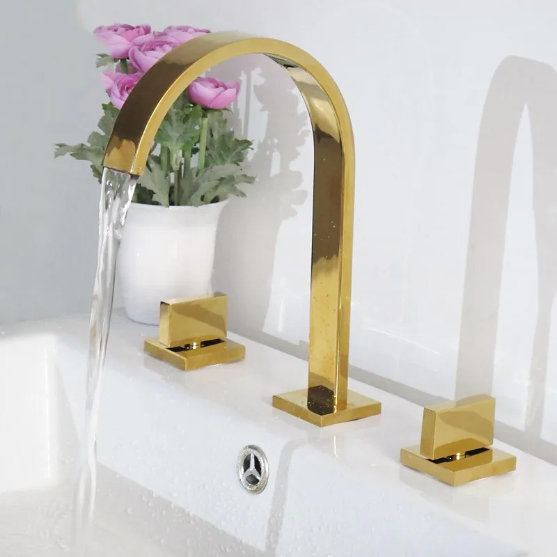 

Deck Mounted Brass Basin Faucet 3 Hole Double Handle Hot And Cold Water Mixer Tap Bathroom Faucet Waterfall Sink Faucets Outlet
