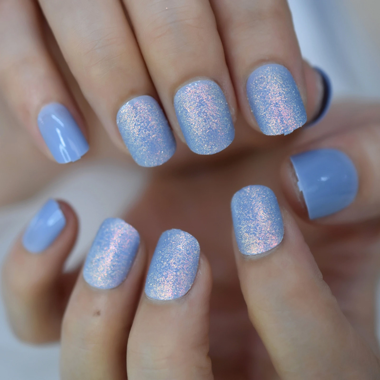 Shiny Soft Blue Press On False Fake Nails With Shimmer Iridescent Glitter  Design Acrylic Short Square Nail Art Tip For Women - False Nails -  AliExpress