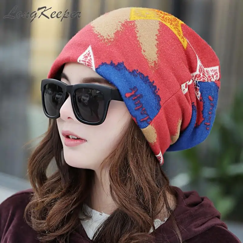 

LongKeeper Imitation Cashmere Graffiti Five-Pointed Star Beanies Thin/Thick Hip Hop Cap For Woman Spring Winter Skullies Hat