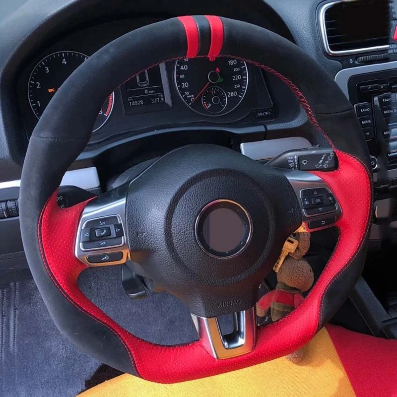 Black Suede Genuine Leather Car Steering Wheel Cover For VW Polo GTI Scirocco R Passat CC R Line