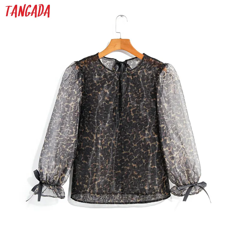 

Tangada women chic leopard print oragnza print transparent shirt long sleeve see through blouse casual fashion tops 1F28