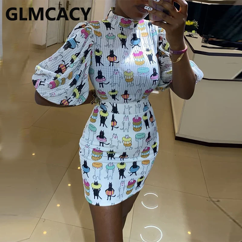 Women Two Piece Set Top and Skirts Cartoon Printed Puff Sleeve Tops & High Waist Bodycon Mini Skirt Women Two Piece Set Top and Skirts Cartoon Printed Puff Sleeve Tops & High Waist Bodycon Mini Skirt