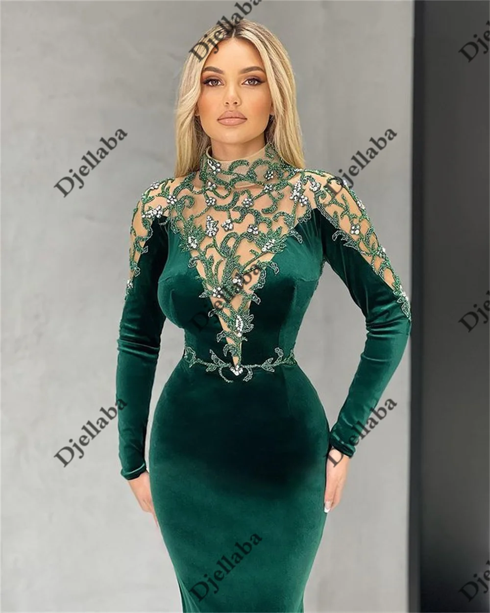 Luxury Green Velvet High Neck Long Sleeve Evening Dresses 2022 Mermaid Elegant Crystal Appliques For Women Party Gowns long evening gowns