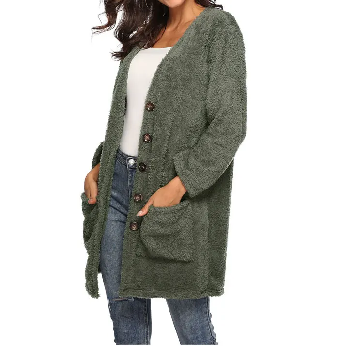 Осенняя однотонная простая повседневная женская одежда размера плюс 5XL двухсторонний бархатный вязаный свитер с большим карманом теплый кардиган на пуговицах