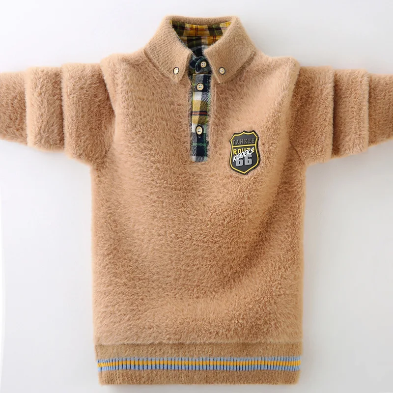 

2019 Pullover BOY'S Middle And Large rong mao yi Stand Collar plus Velvet New Style Mink Kids' Sweater Children Long Sleeve Boy