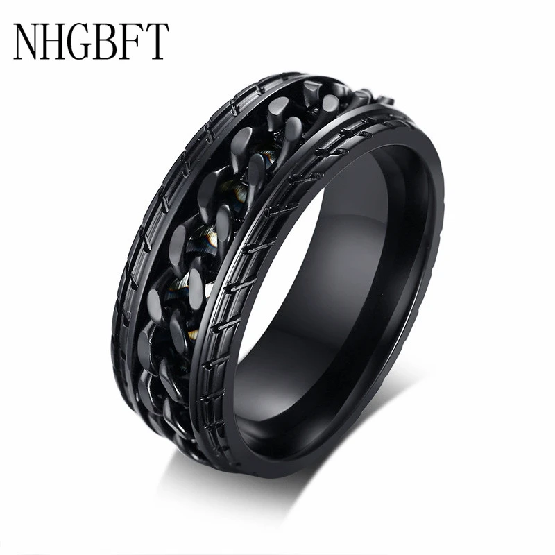 

NHGBFT 8mm Black Spinner Ring for Mens Tire Texture Rotating Stainless Steel Punk Rock Links Ring