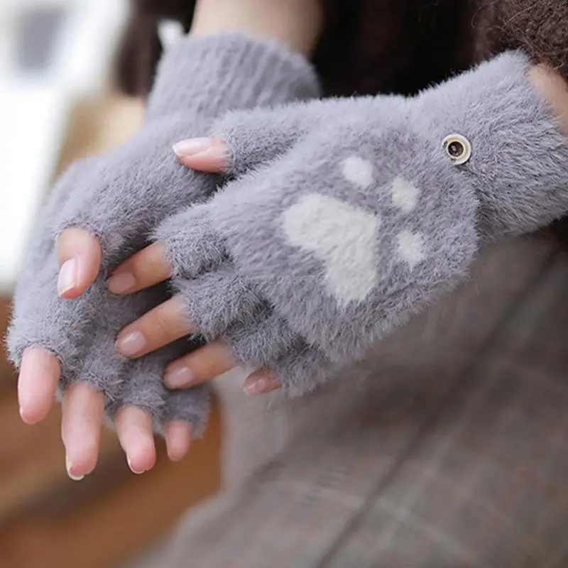 

Женские плюшевые теплые перчатки, зимние вязаные перчатки, мягкие Мультяшные перчатки без пальцев с кошачьими лапами и откидным верхом, теплые перчатки, эластичные варежки