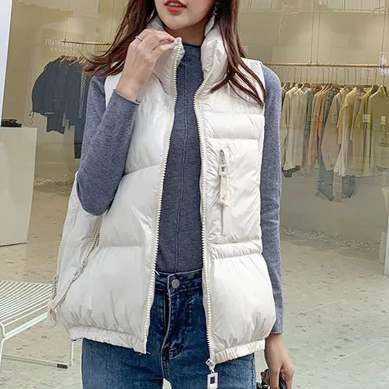 Winter Woman Down Cotton Short Vest Coat Yellow Stand Colloar Sleeveless Jacket Large size Waistcoat Korean Style Gilet Femme petite long puffer coat