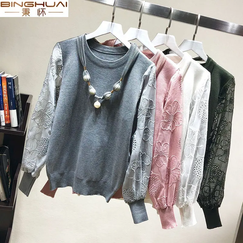 

Winter clothes Women Autumn Winter Knitted Embroidery Flower Lace Patchwork Pullovers And Sweater Female Jumper Pull Femme Top