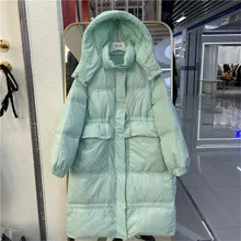 FAKUNTN Mid-length Winter 2021 Women Hooded Puffer Jacket Light Blue Yellow Loose Casual Warm Parkas Long-sleeve White Duck