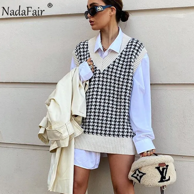 Nadafair Sleeveless Houndstooth Sweater Women 2020 Fall Pullover V Neck Casual Jumper Korean Loose Winter Knitted Vest | Женская одежда