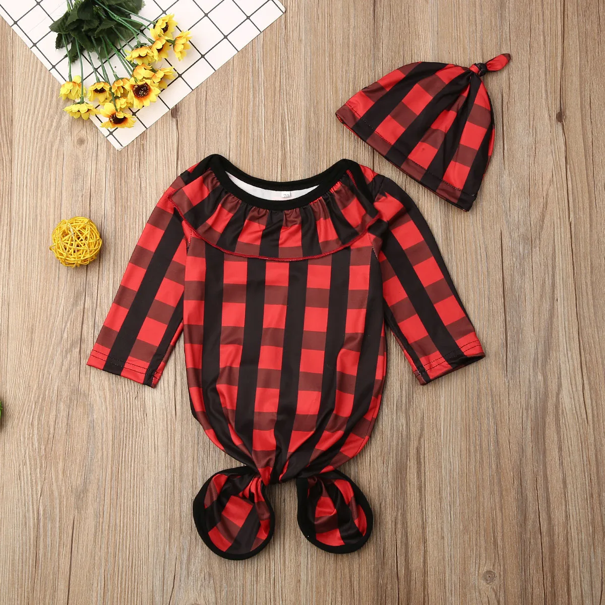 Newest Hot Newborn Baby Infant Christmas Plaid Swaddle Wrap Blanket Long Sleeve Sleeping Bag+Hat For 0-24 Months