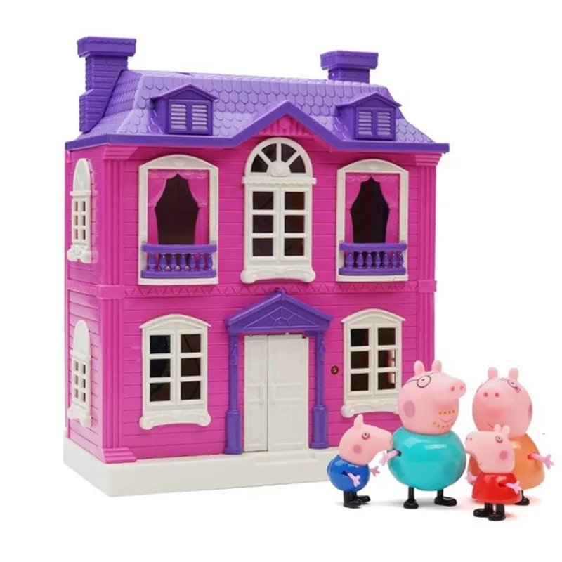 House and 4pcs Свинка Пеппа Джордж Пегги семья четыре набора игрушечный дом фигурка ребенка аниме освещение игрушки DIY замок детские подарки на день рождения - Цвет: House and 4pcs