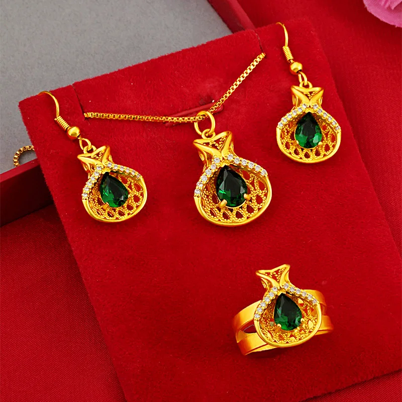 

Green Zircon Inlaid Jewelry Set Women Pendant Earrings Ring Accessories Yellow Gold Filled Wedding Party Gift
