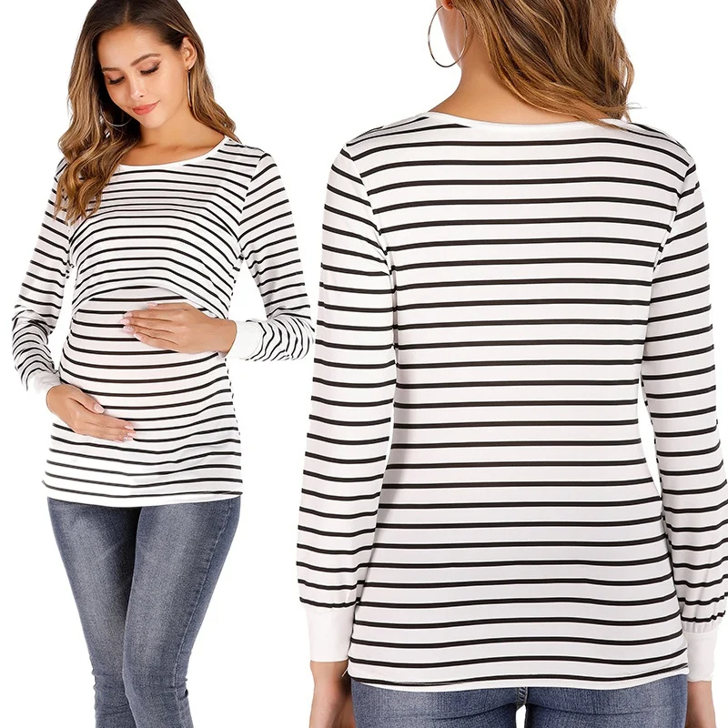 

Maternity T Shirt Women Mom Pregnant Nursing Baby Long Sleeve Striped Tops Breastfeeding T Shirt