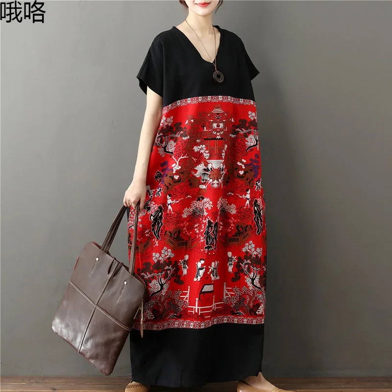 

Vintage Cotton Ethnic Printed Big Swing Maxi Dress Plus Size Women Robe Dress Summer Sundress Big Size 5XL 6XL 7XL Long Dresses