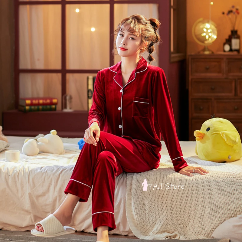 Large 5XL 5XL Autumn Winter Warm Pajama Set Women Pajamas Deep Gold Velvet Homewear Pijama Mujer Elegant Sleepwear pyjamas for women