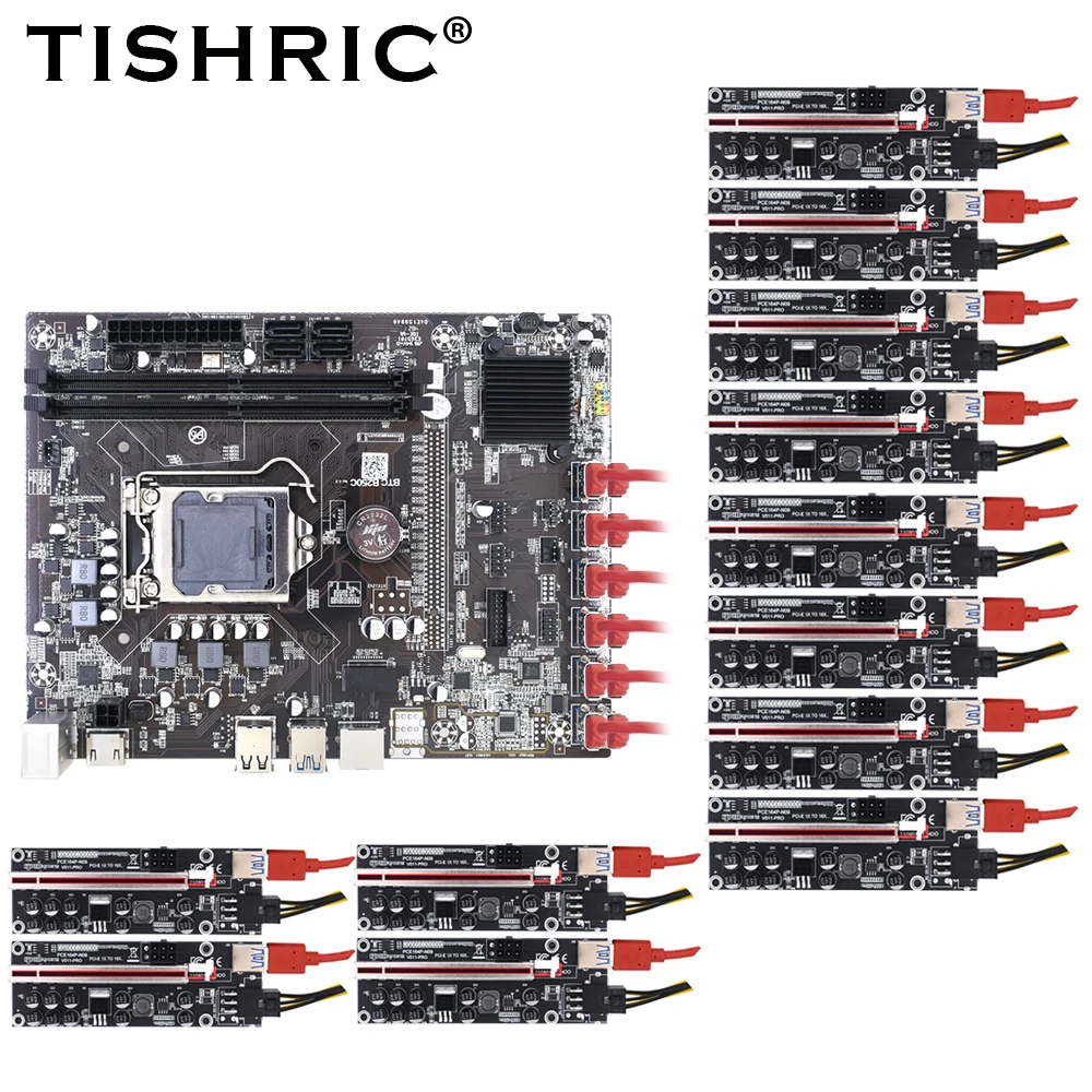 TISHRIC B250C Mining Motherboard 12 Port USB 3.0 Graphics Card PCIE 16X To USB 3.0 With PCIE Riser 009s plus 010s plus 011 - ANKUX Tech Co., Ltd