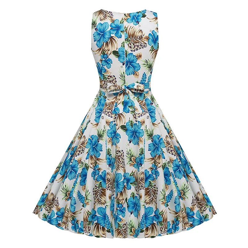 Kostlish Cotton Summer Dress Women 2017 Sleeveless Tunic 50s Vintage Dress Belt Elegant Print Rockabilly Party Dresses Sundress (67)