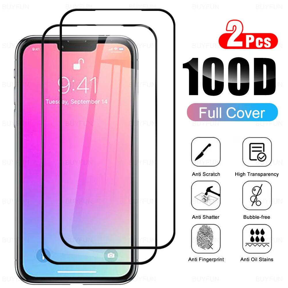 For iPhone 13 Pro 2Pcs Full Cover Protective Tempered Glass Phone