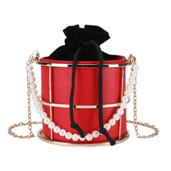 

Women Bag Handbags PU Bird Cage Bucket Bag Chain Pearl Shoulder Bag