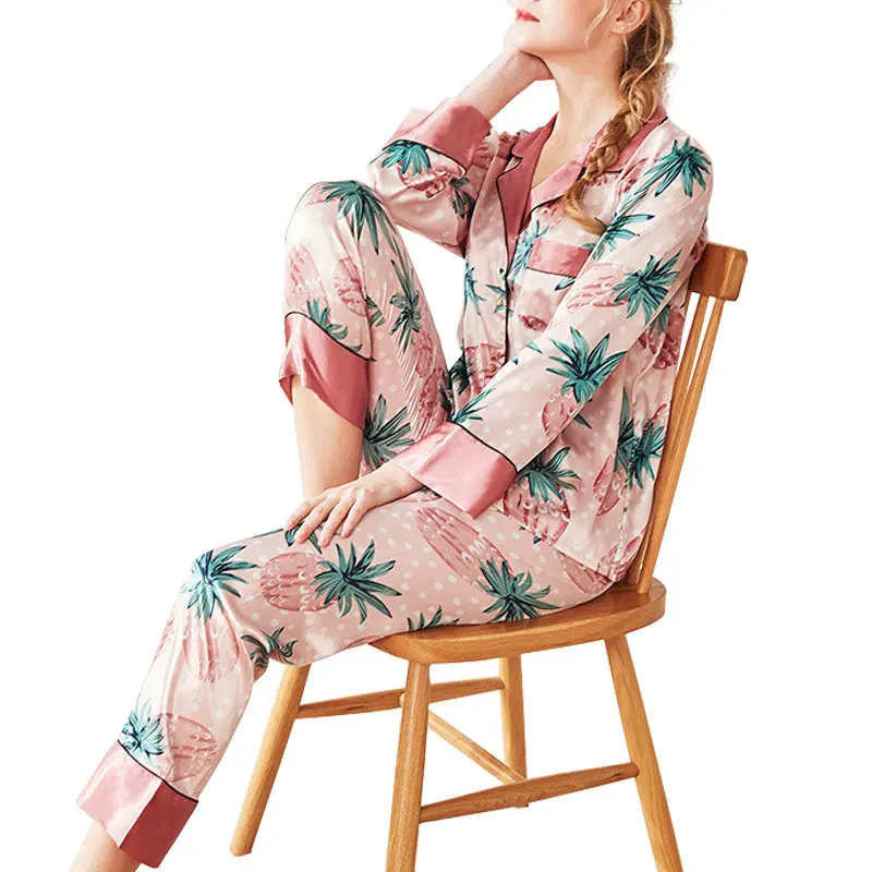 

Printed Women Pajamas Sets Sleepwear Print Long Sleeve Tops Pants 2 Piece Sets Simulated Silk Home Suits Female Pajamas Clothes