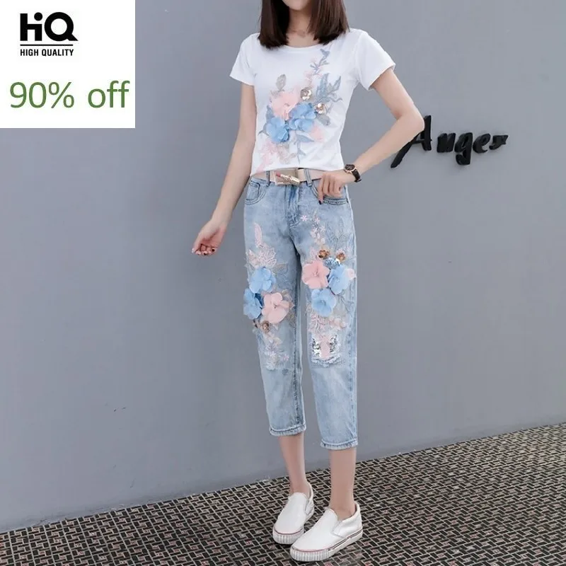 2020 Zomer Vrouwen Bloem Pailletten Korte Mouw T-shirt Fashion Ripped Zip Jeans 2 Delige Set Casual Wijde Pijpen Broek Streetwear set