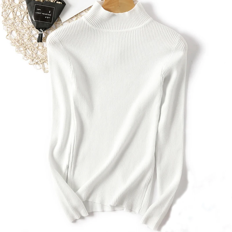 SheBlingBling вязаный край свитер женский Осень Зима Рождественский свитер с длинными рукавами водолазка Повседневная тонкая дамская пуловеры - Цвет: White