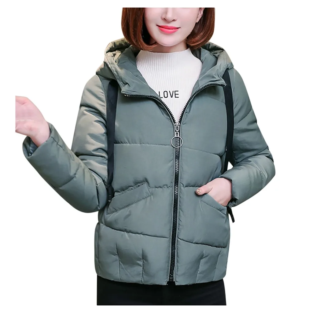 Зимнее теплое пальто с капюшоном, Женская однотонная короткая хлопковая куртка на молнии, верхняя одежда, стеганая куртка, женская одежда#911 - Цвет: GN